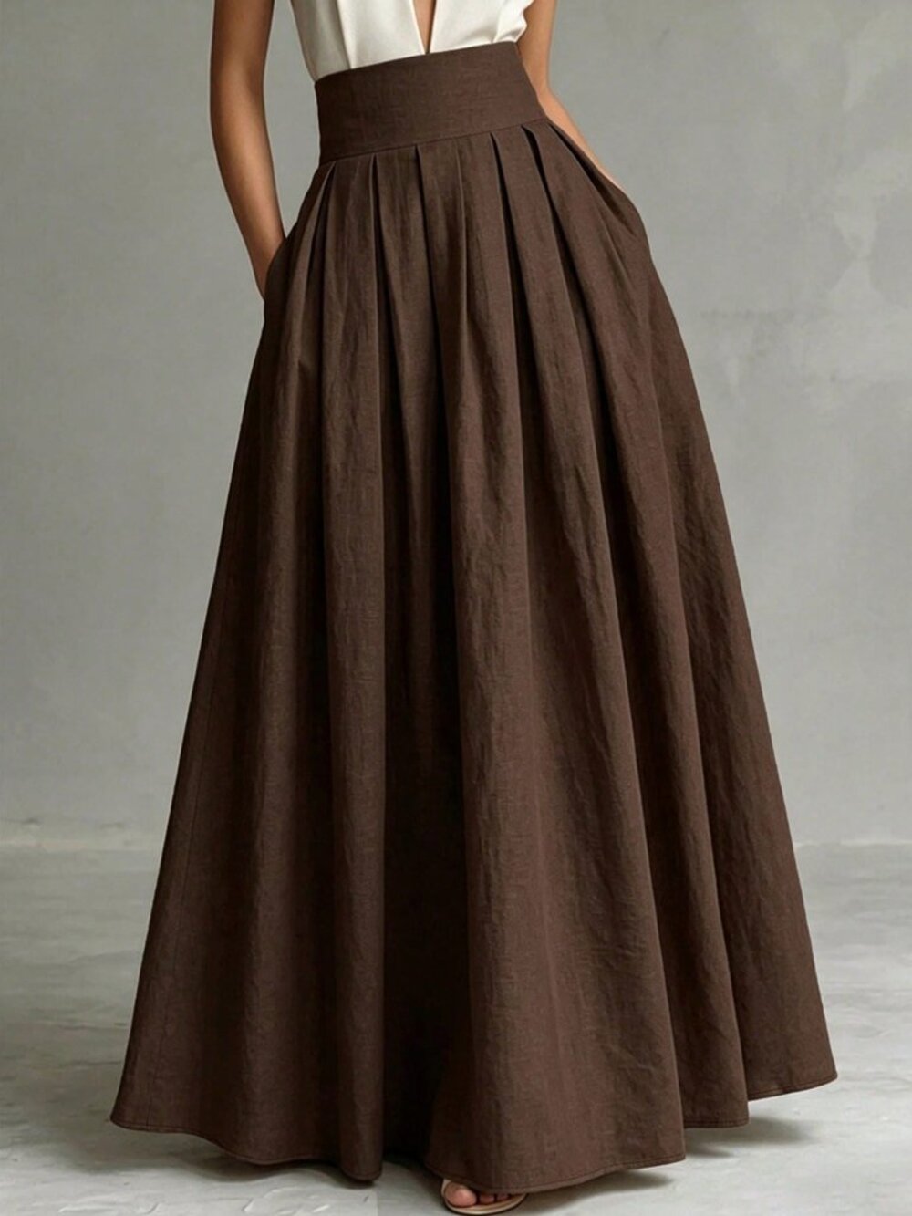 Brown Casual Women's Elegant Slimming Drape Pleated Long Skirt